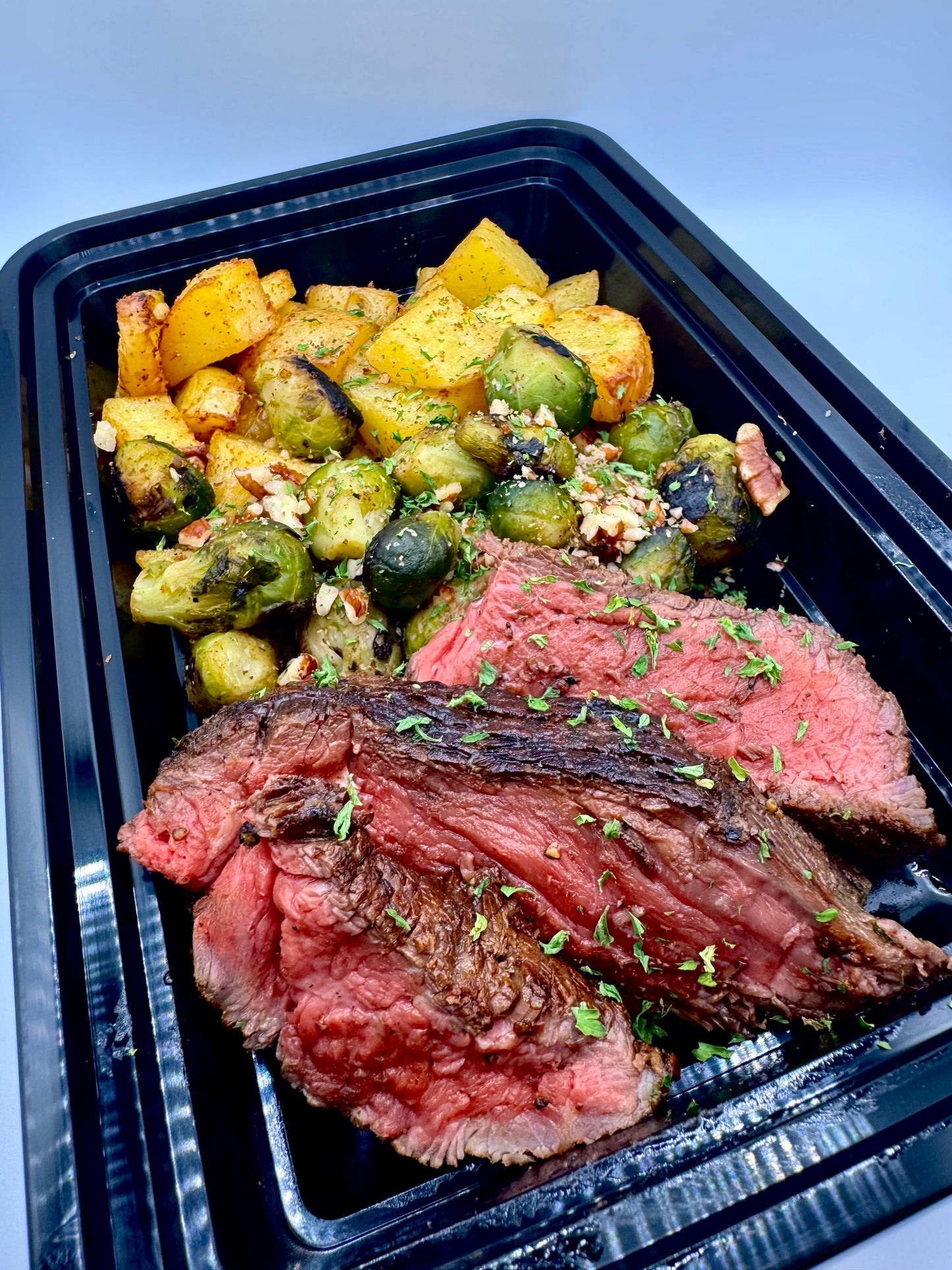 Sirloin w/Bacon Pecan Brussels & Roasted Potatoes